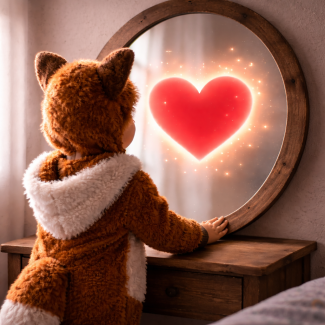 Verkleidetes Kind schaut in den Spiegel und entdeckt ein Herz